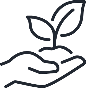 Simple black line drawing of a hand holding a small plant with two leaves, symbolizing growth, care, and environmental sustainability, on a light background.